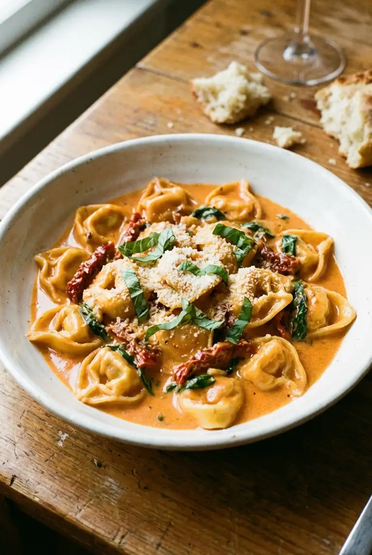 A rustic white bowl of creamy Marry Me Tortellini, featuring a glossy tomato-cream sauce and garnished with fresh green basil leaves and grated Parmesan cheese.