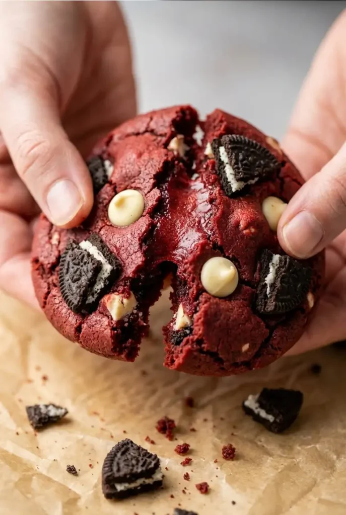 Close-up of a red velvet Oreo cookie being broken open, showing a glossy chewy center with white chocolate chips and Oreo chunks.