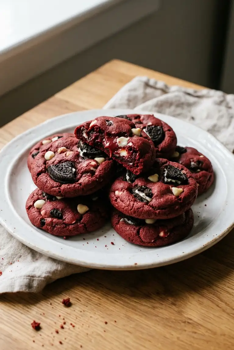 Plate of soft red velvet Oreo cookies with white chocolate chips, chunky Oreo pieces, and a broken cookie showing a chewy center.