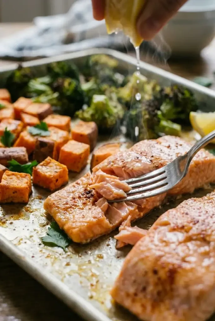 Close-up of a fork flaking moist roasted salmon beside browned sweet potatoes and charred broccoli on a sheet pan.