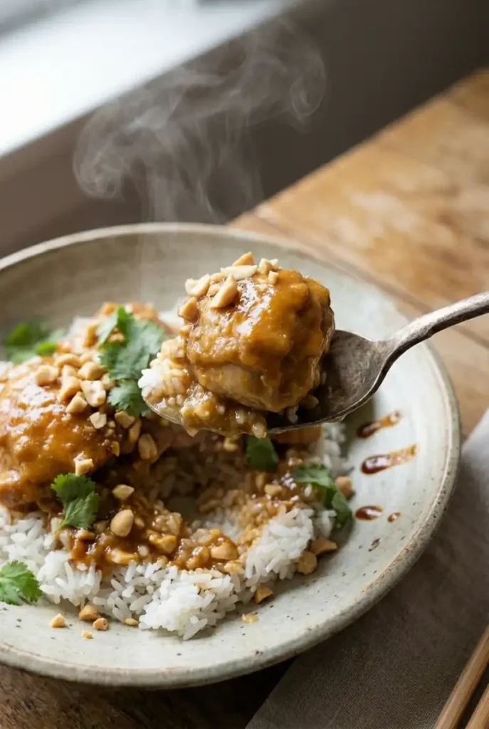 Close-up of a spoon lifting tender peanut chicken and rice, showing glossy peanut lime sauce, chopped peanuts, and steam.