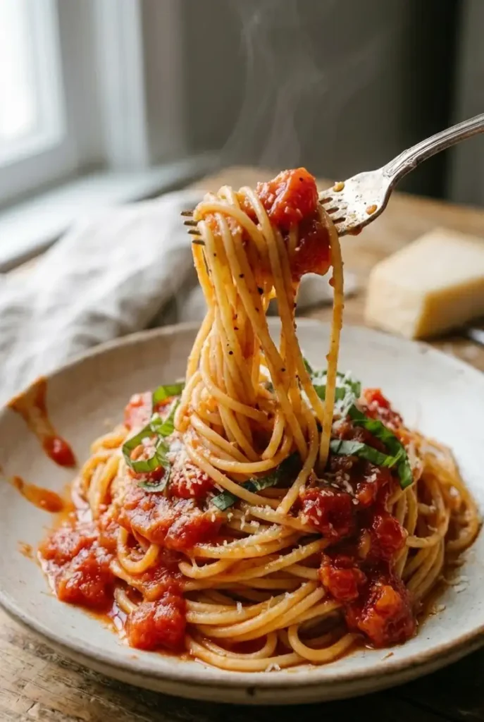 Close-up of a fork lifting glossy spaghetti strands coated in lightly chunky fresh tomato sauce with basil and Parmesan.
