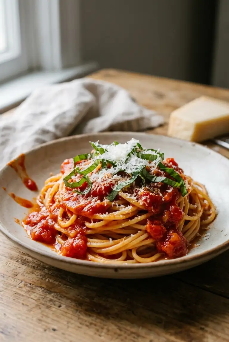 Bowl of spaghetti coated in bright fresh tomato sauce with basil and grated Parmesan, served on a wooden kitchen table.
