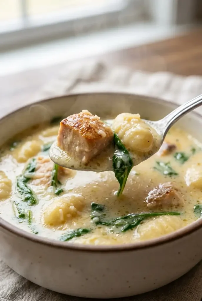 A spoonful of creamy chicken gnocchi soup lifted from the bowl, showing tender gnocchi, browned chicken, spinach, and Parmesan in thick broth.
