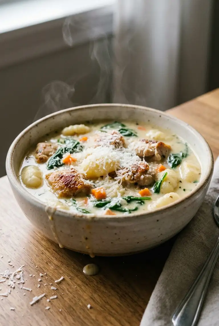Centered bowl of creamy chicken gnocchi soup with browned chicken, tender gnocchi, spinach, carrots, and grated Parmesan in silky broth.