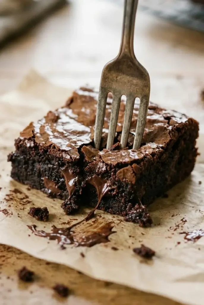 Close-up of a fork cutting into a brownie, showing a dense fudgy center with gooey chocolate chips and moist crumbs.