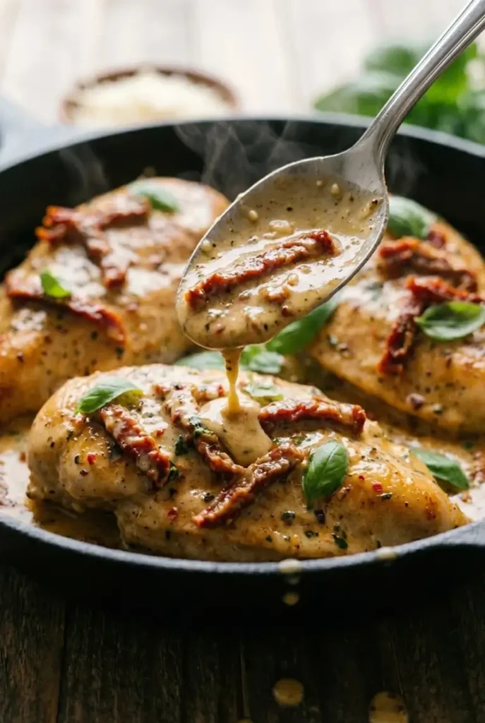 Close-up of a spoon lifting thick Parmesan cream sauce with sun-dried tomatoes over a golden seared chicken breast.