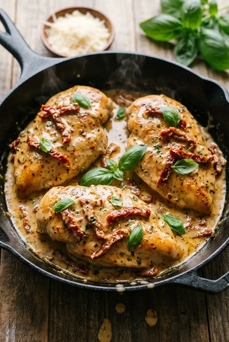 Marry Me Chicken in a cast-iron skillet with creamy Parmesan sauce, sun-dried tomatoes, red pepper flakes, and fresh basil.