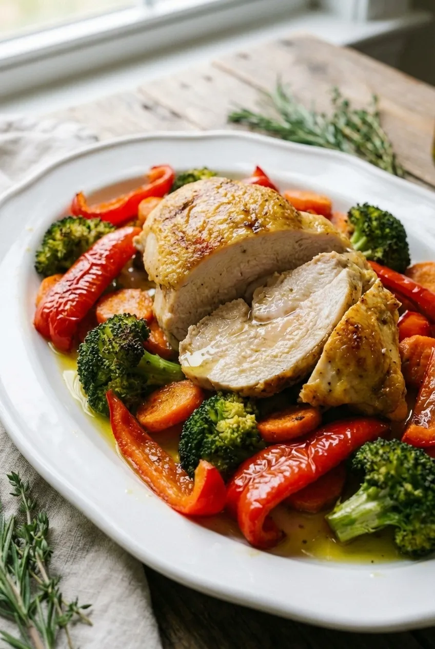 Baked chicken breasts and roasted vegetables including broccoli, carrots, and bell peppers on a metal baking sheet.