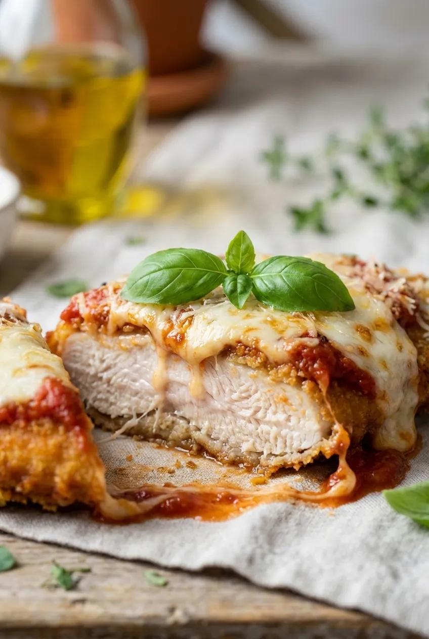 A golden-brown, crispy chicken parmesan cutlet in a skillet, topped with marinara sauce and melted mozzarella cheese.
