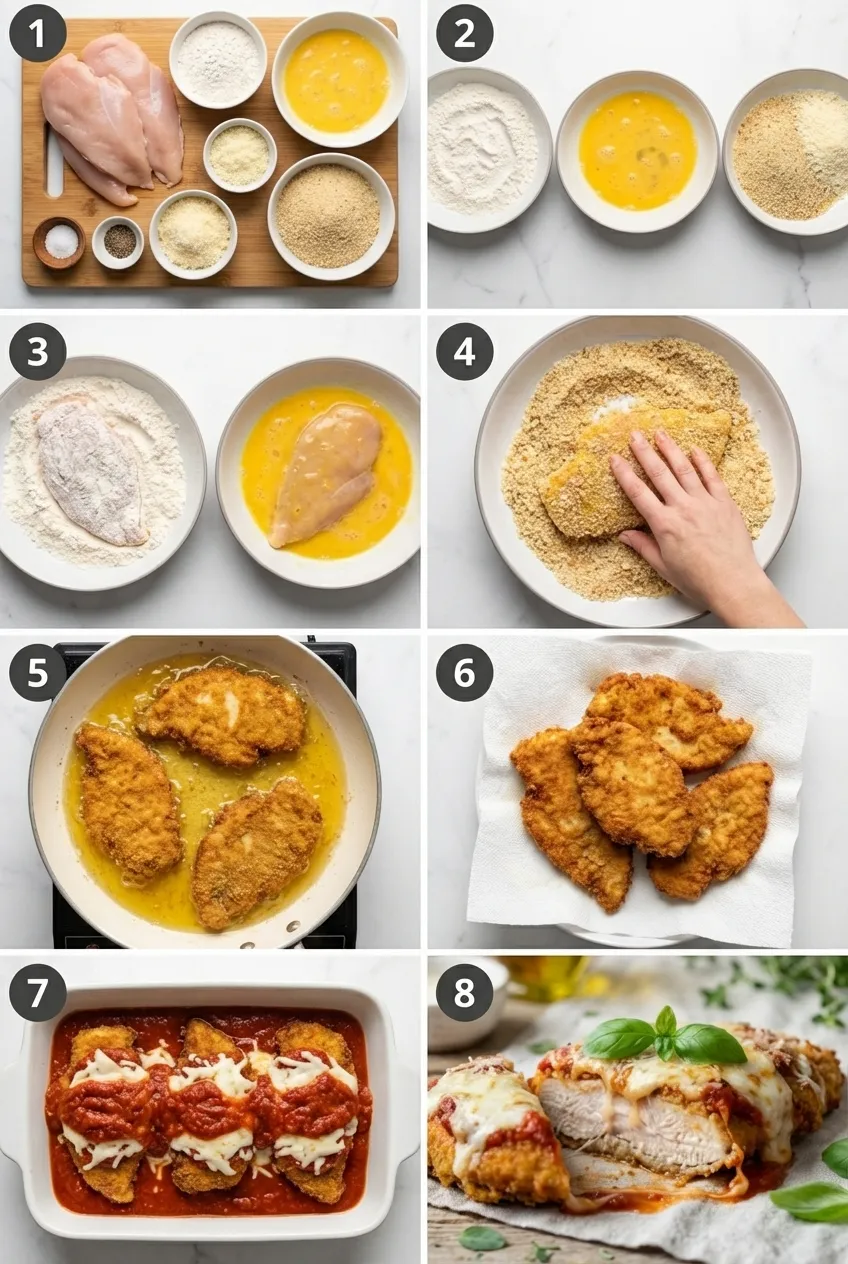 A golden-brown, crispy chicken parmesan cutlet in a skillet, topped with marinara sauce and melted mozzarella cheese.