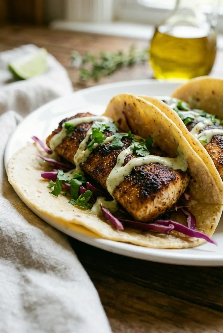 Three blackened mahi mahi tacos on a plate with shredded cabbage, cilantro, and a drizzle of lime crema.
