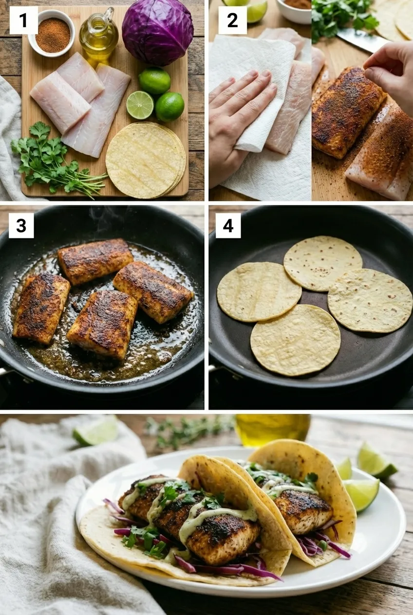 Three blackened mahi mahi tacos on a plate with shredded cabbage, cilantro, and a drizzle of lime crema.