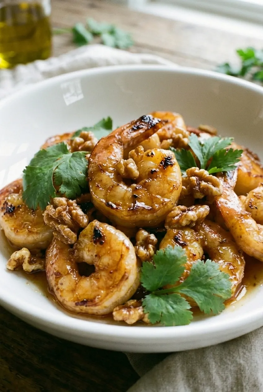 A bowl of Honey Walnut Shrimp with candied walnuts and chopped chives on a white plate.