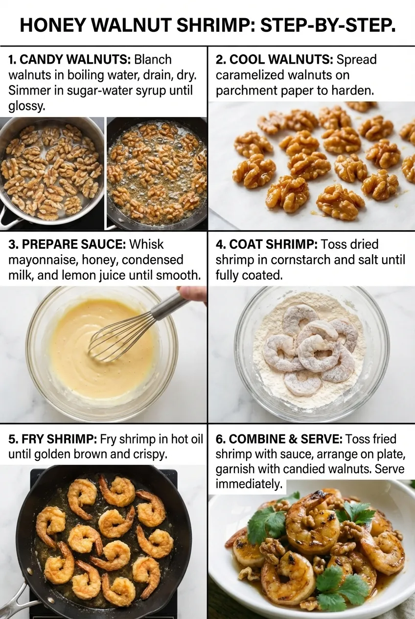 A bowl of Honey Walnut Shrimp with candied walnuts and chopped chives on a white plate.