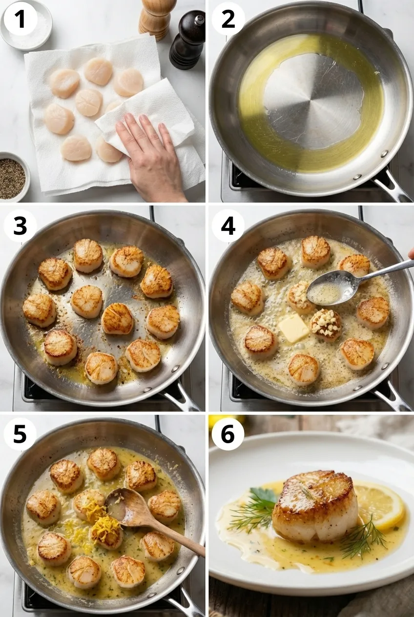 Pan-seared scallops with a golden crust in a skillet, topped with lemon butter sauce and fresh parsley.