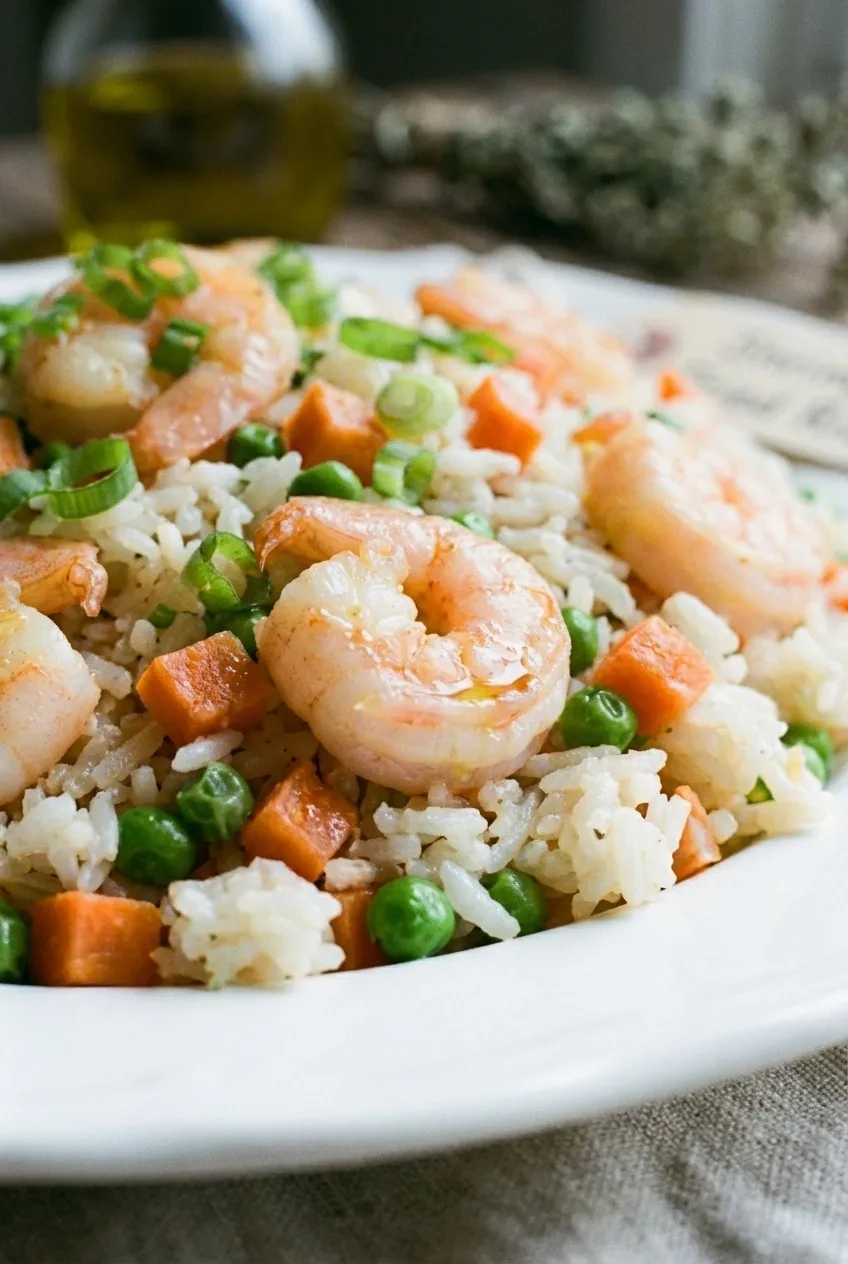 Overhead view of shrimp fried rice in a large wok, with pink shrimp, green peas, and diced carrots visible.