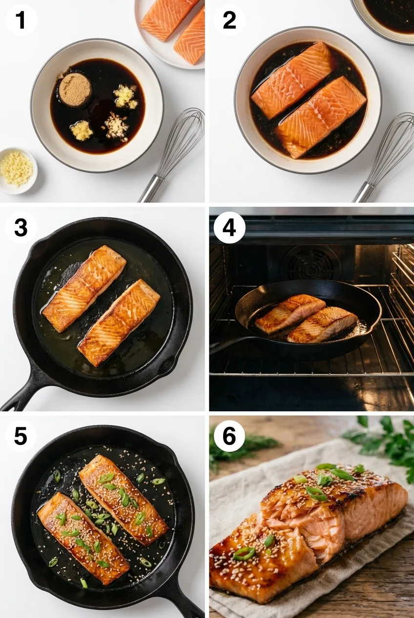 A fillet of teriyaki glazed salmon in a dark skillet, garnished with green onions and sesame seeds.