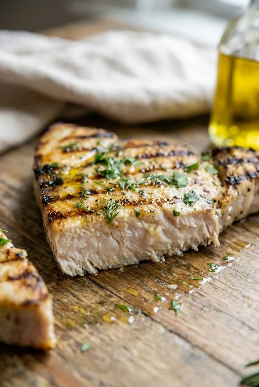 Four grilled swordfish steaks on a white ceramic plate, garnished with fresh rosemary sprigs and sliced lemons.