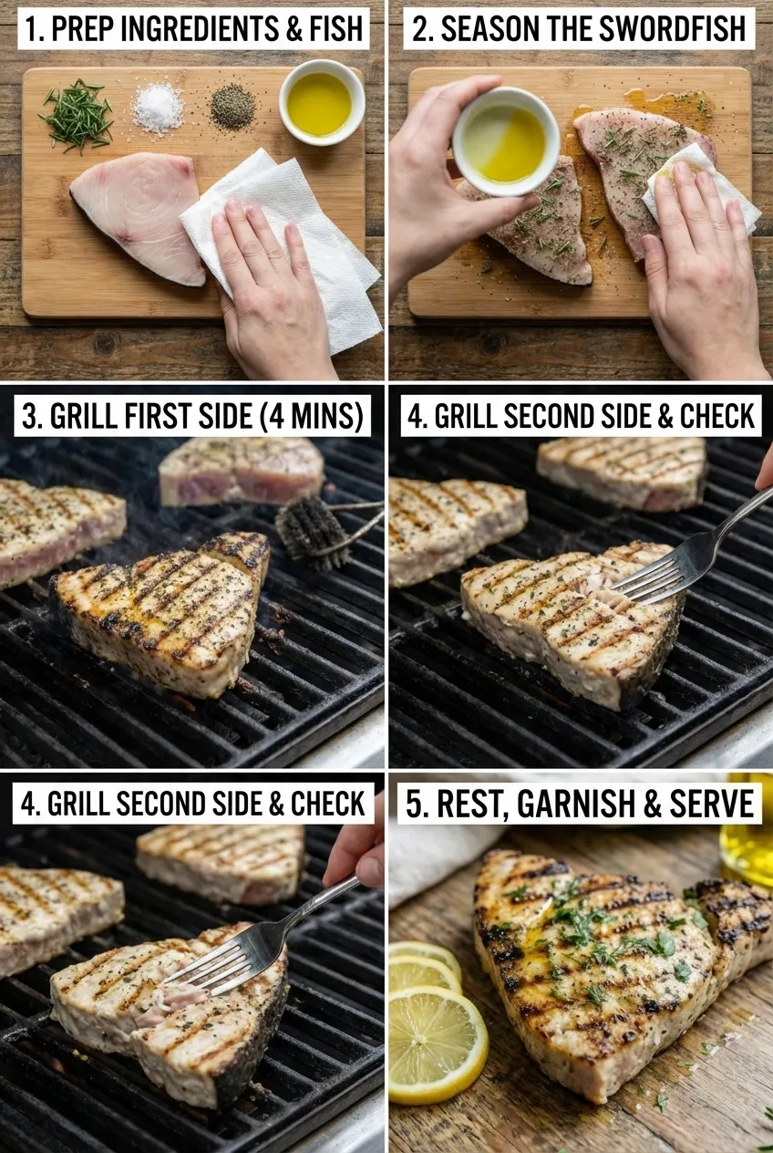 Four grilled swordfish steaks on a white ceramic plate, garnished with fresh rosemary sprigs and sliced lemons.