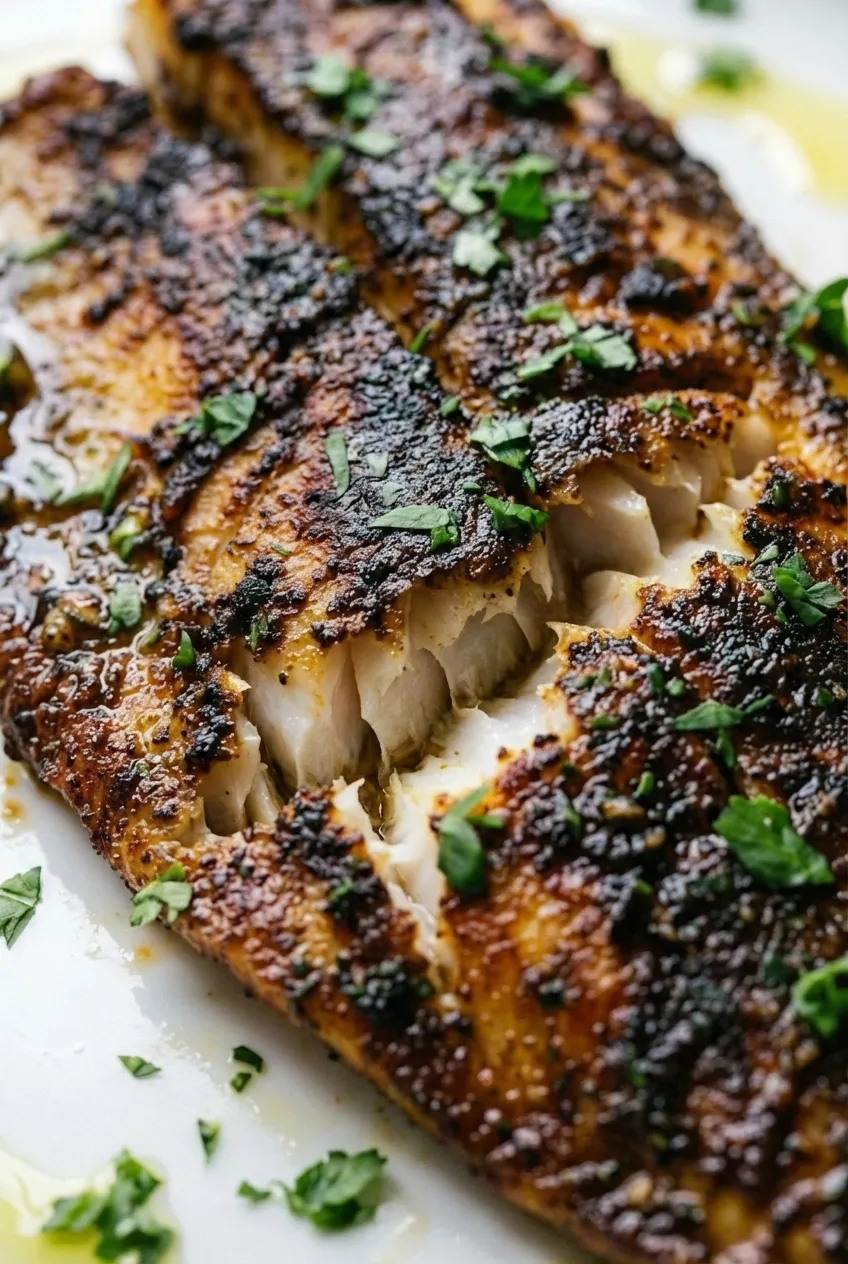 A cast iron skillet with two blackened catfish fillets, garnished with fresh parsley and a lemon wedge.