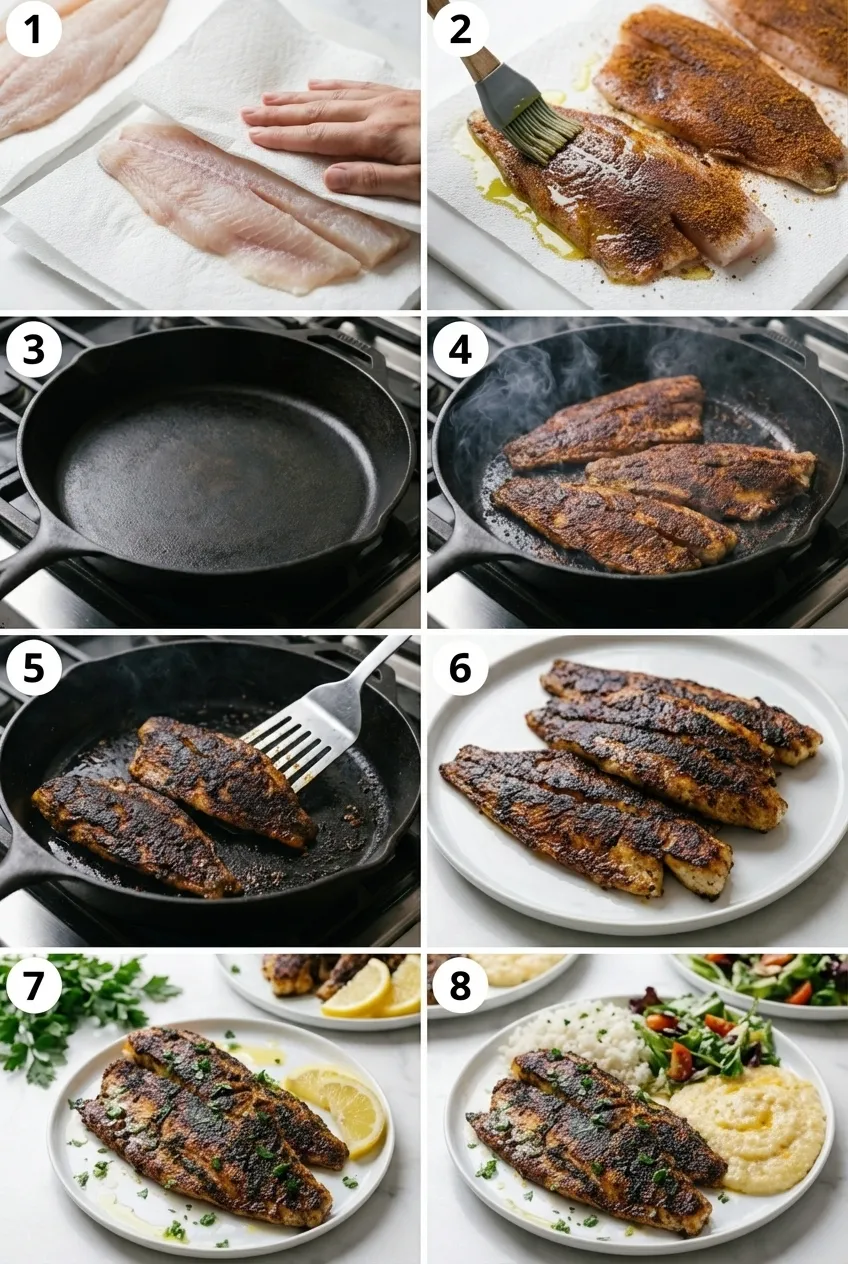 A cast iron skillet with two blackened catfish fillets, garnished with fresh parsley and a lemon wedge.