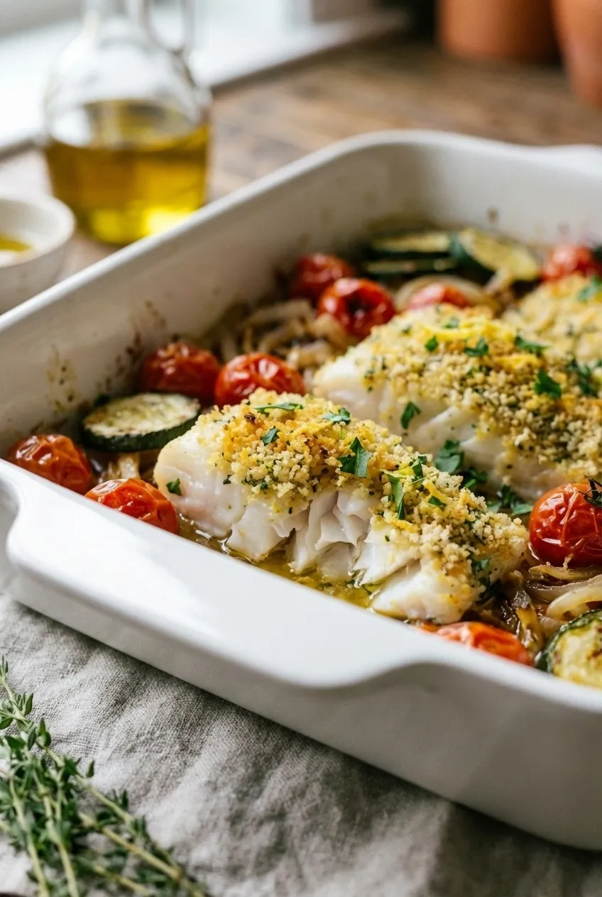 Mediterranean baked cod fillets with a golden breadcrumb crust, surrounded by roasted cherry tomatoes and zucchini in a white baking dish.