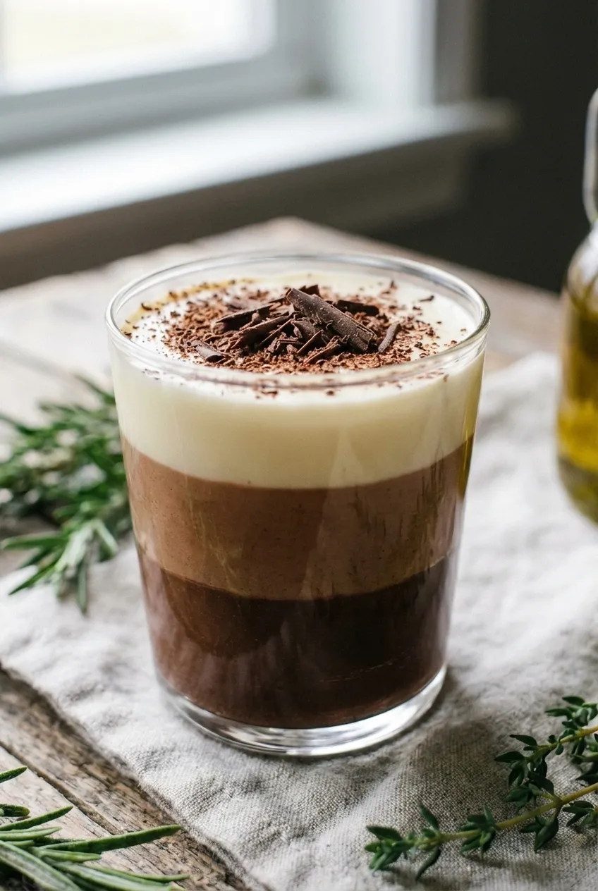 A glass cup of triple chocolate mousse with distinct dark, milk, and white chocolate layers, garnished with chocolate shavings.