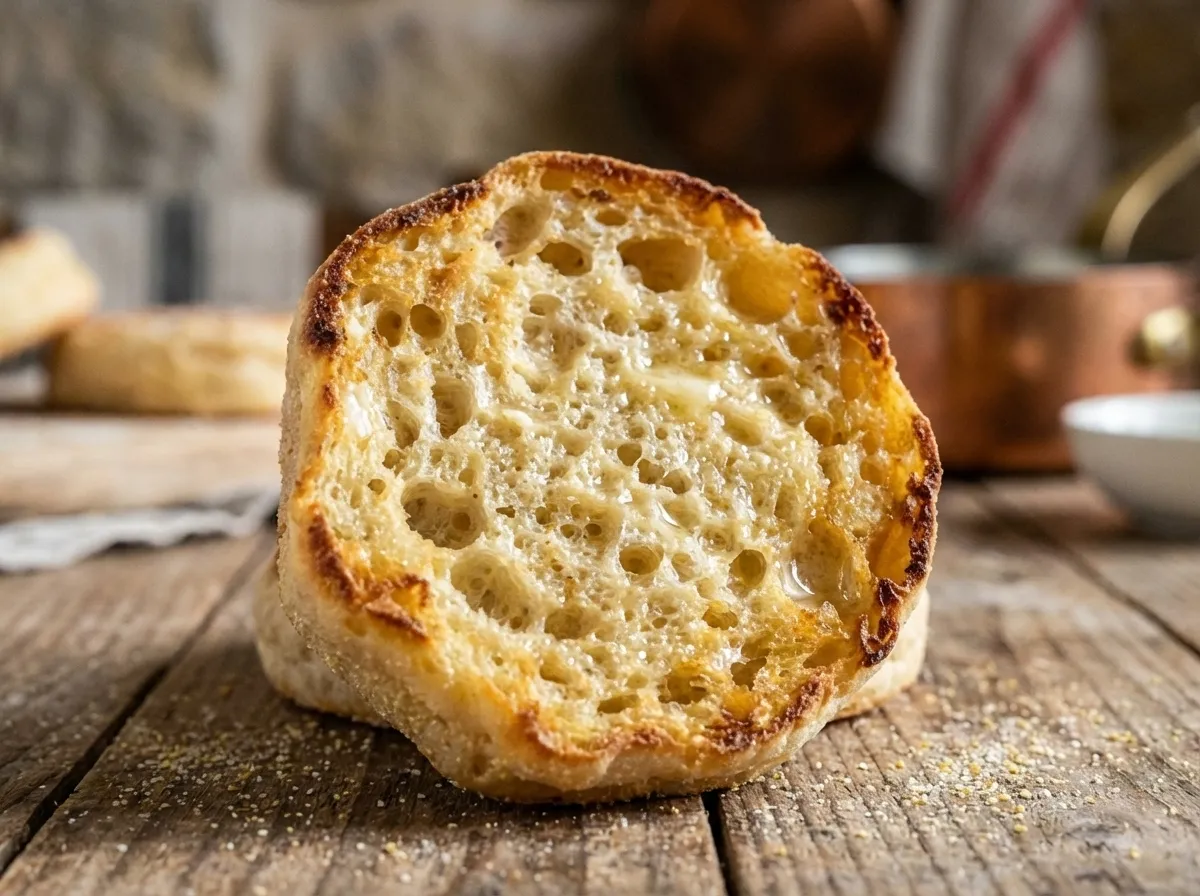 A stack of golden-brown sourdough English muffins on a plate, one split open to show the interior texture.