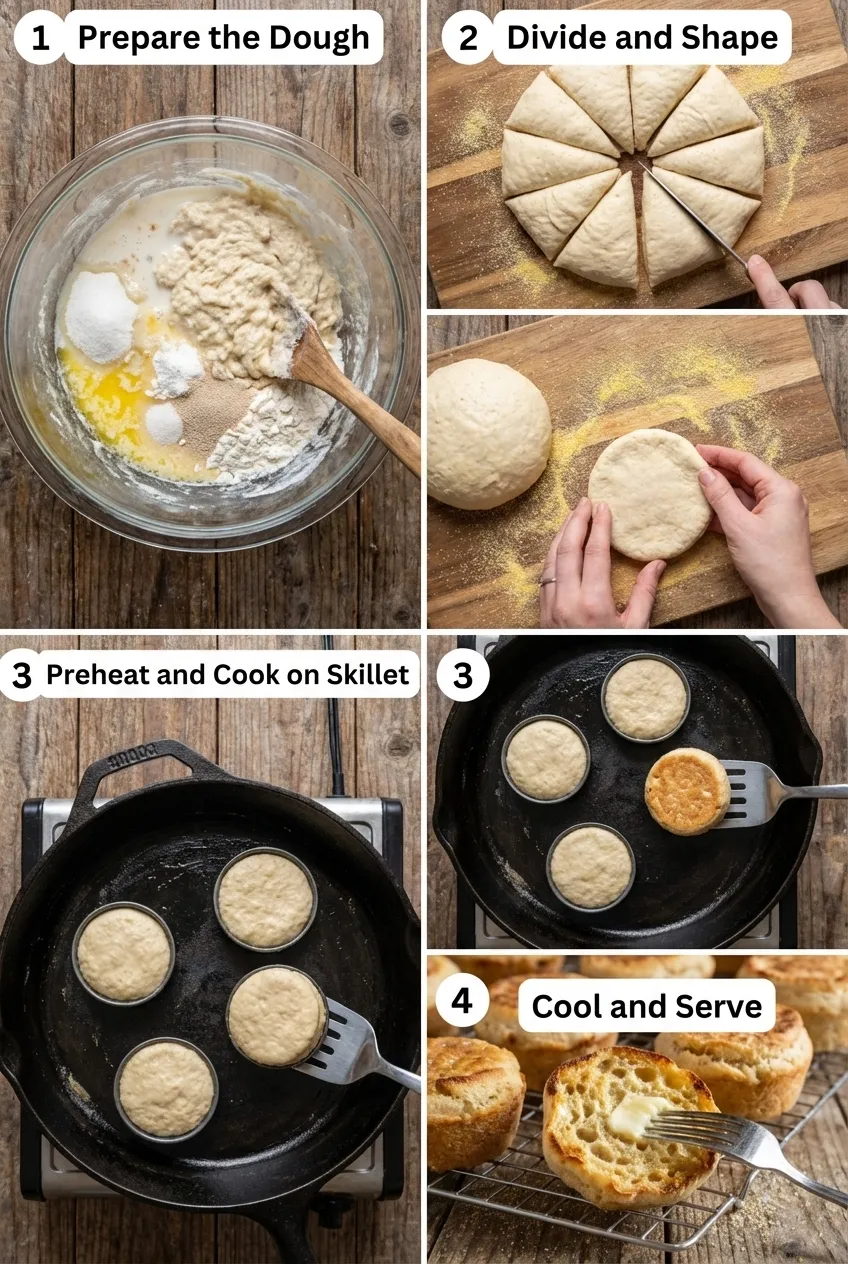 A stack of golden-brown sourdough English muffins on a plate, one split open to show the interior texture.
