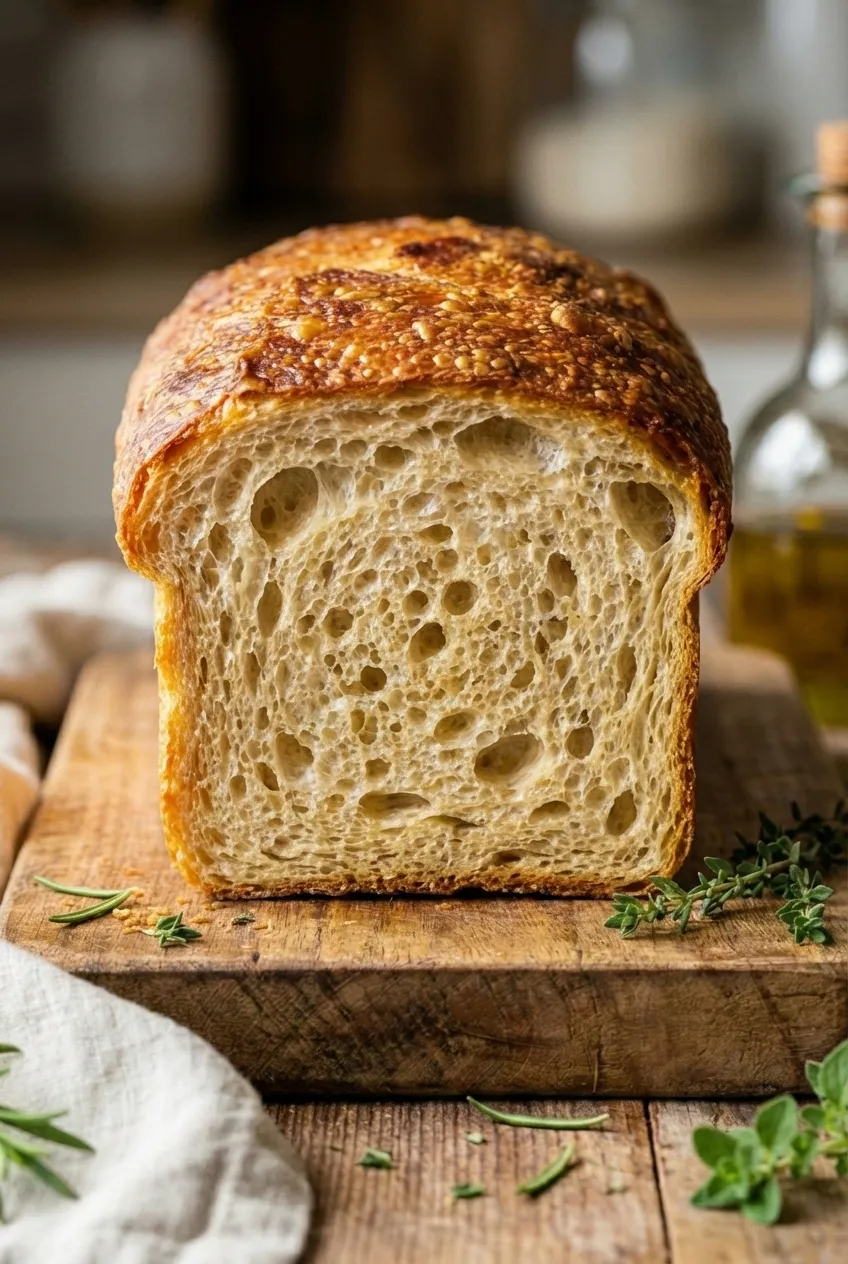 A golden-brown loaf of sourdough discard sandwich bread on a wire cooling rack, with one slice cut.
