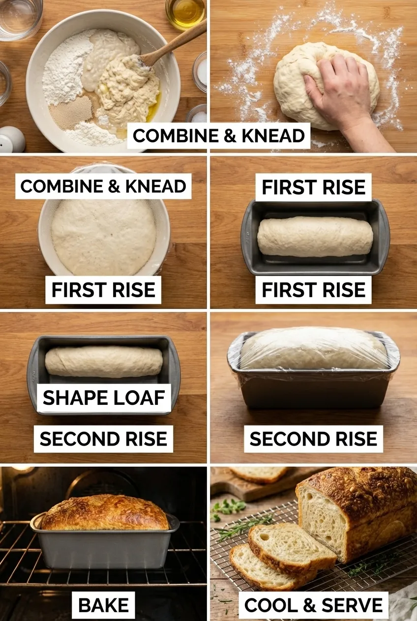 A golden-brown loaf of sourdough discard sandwich bread on a wire cooling rack, with one slice cut.