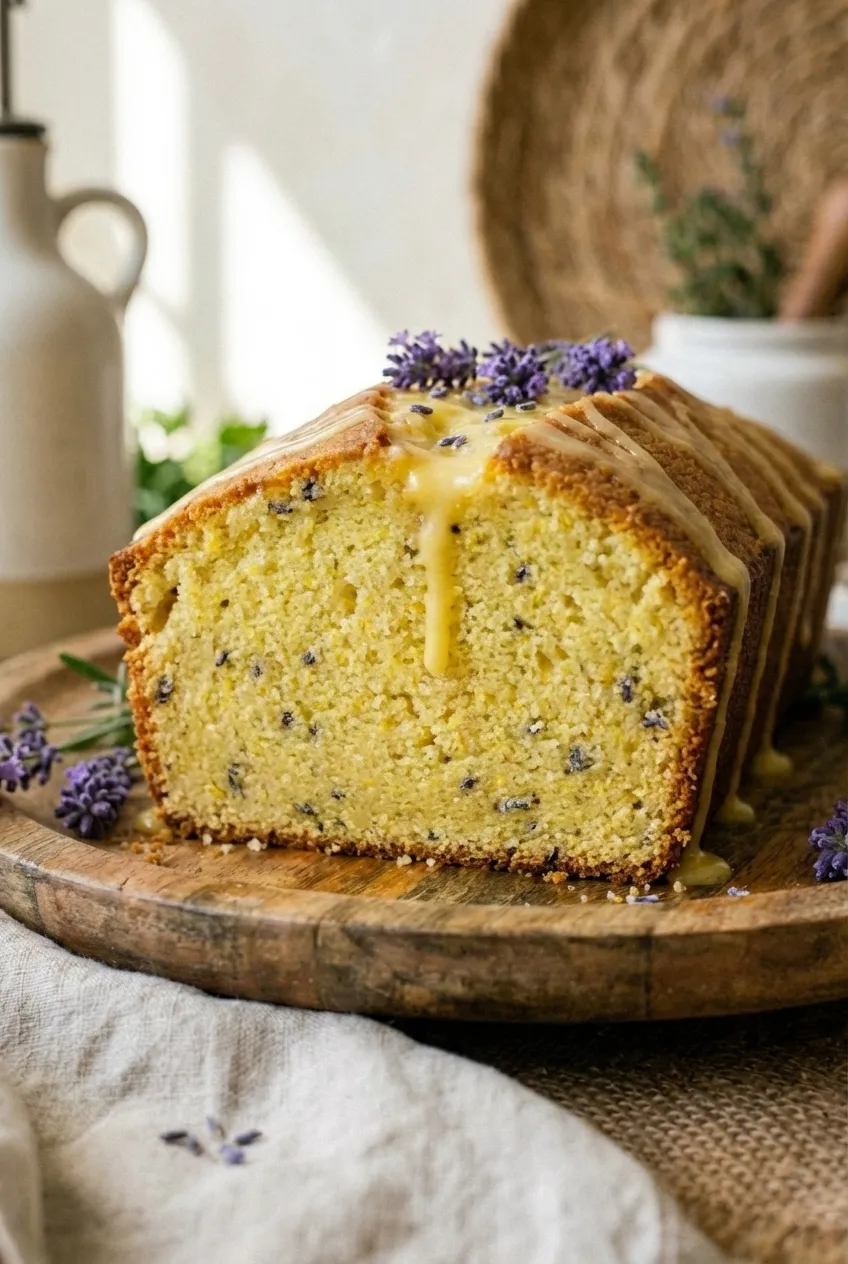 A slice of lemon lavender pound cake on a plate, with a lemon glaze dripping down the side and lavender sprigs.