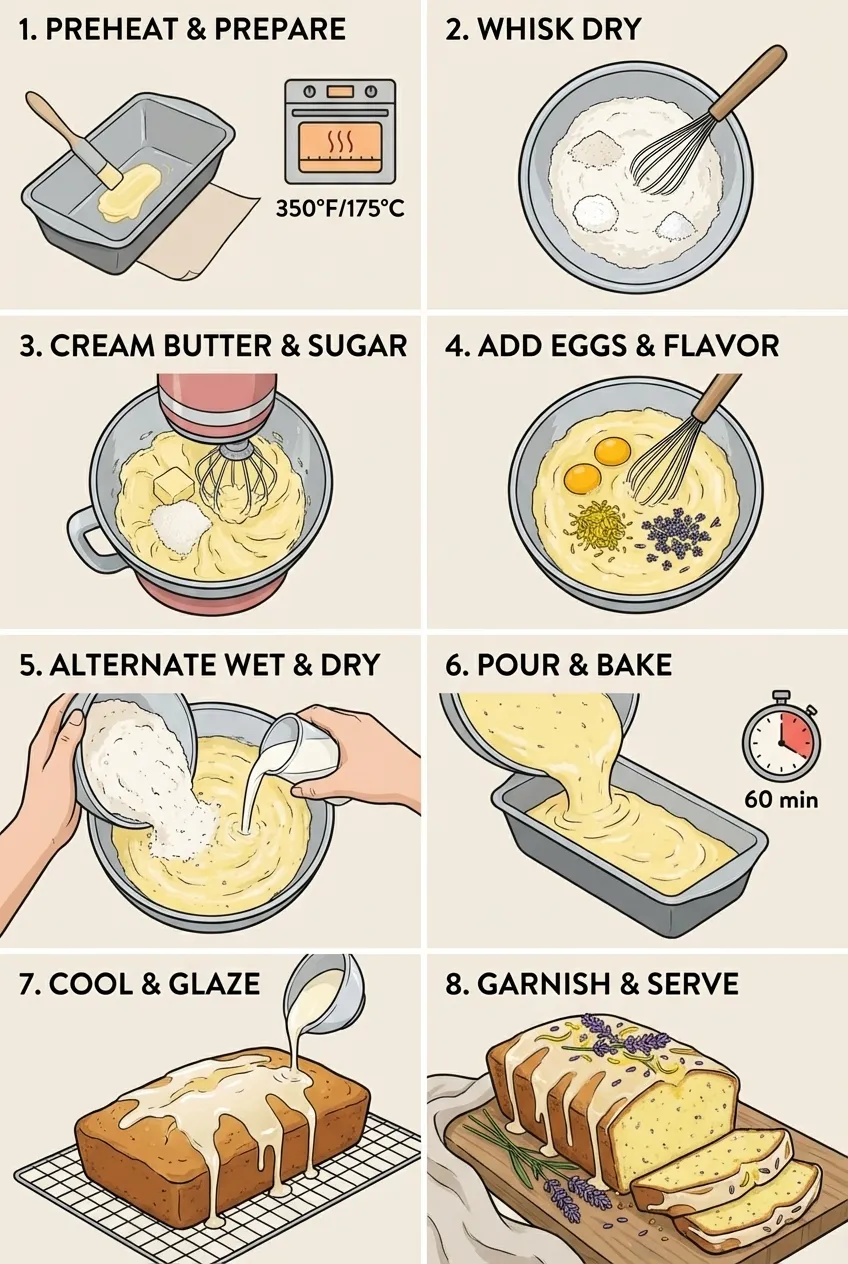 A slice of lemon lavender pound cake on a plate, with a lemon glaze dripping down the side and lavender sprigs.