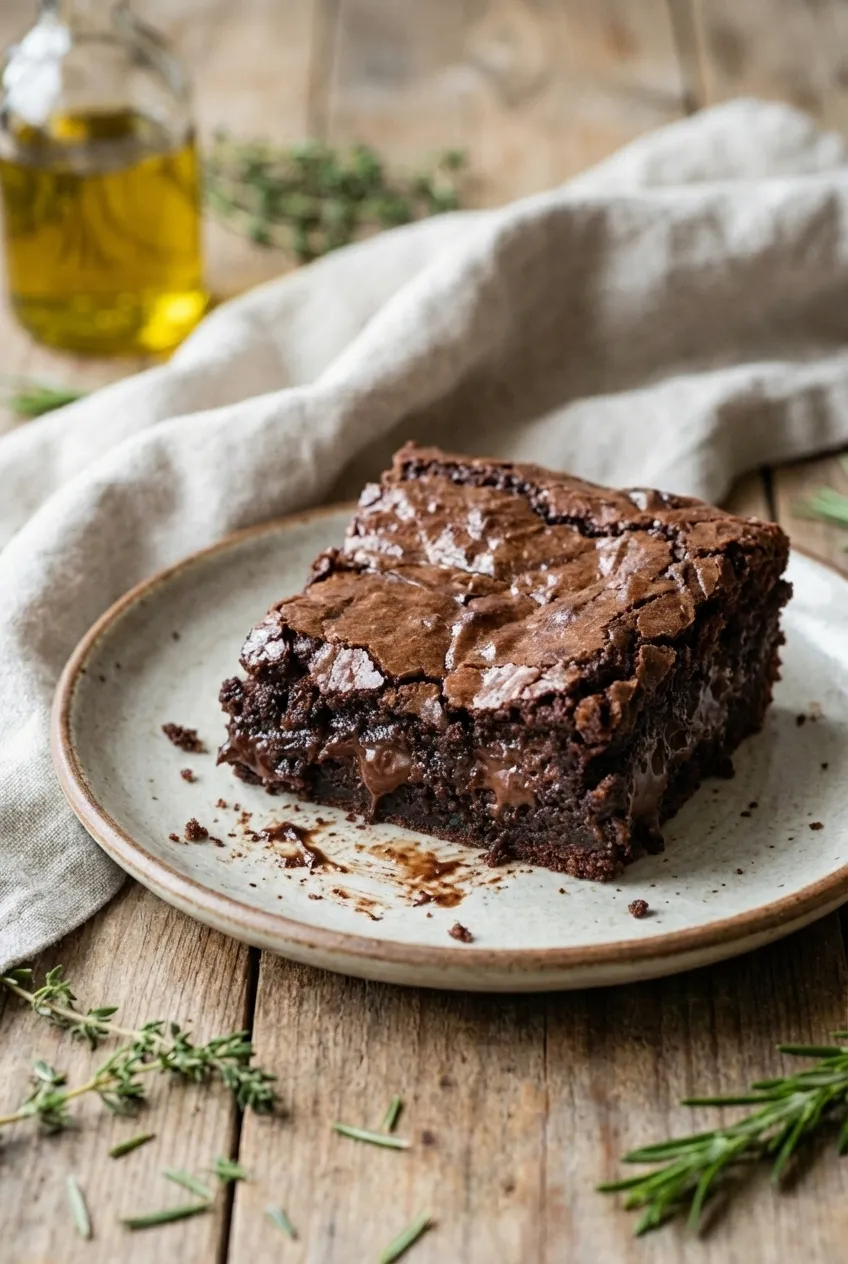 A square fudgy chocolate brownie on a white plate, with more brownies in a baking dish in the background.