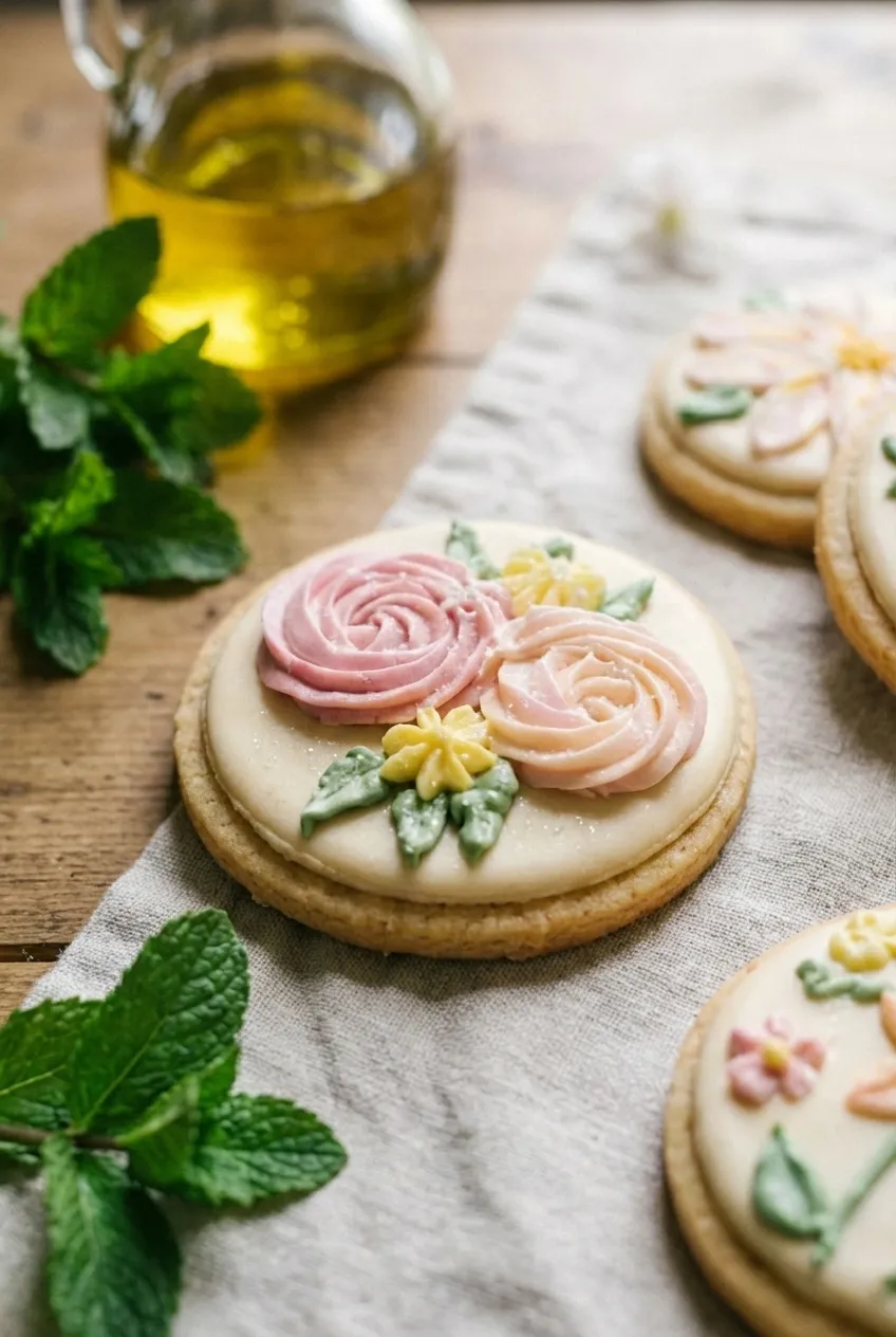 Spring flower sugar cookies decorated with pastel pink and yellow royal icing on a wire cooling rack.