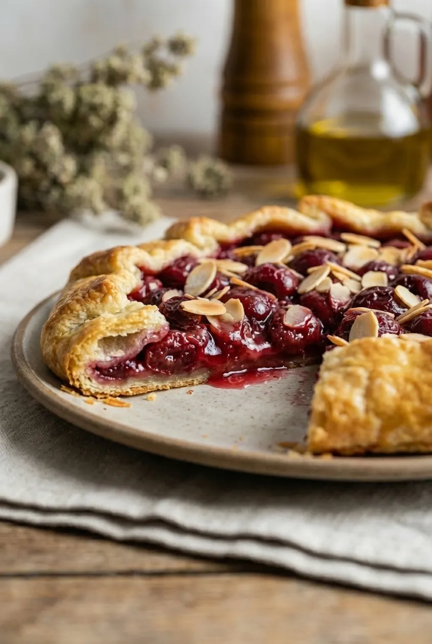 A whole cherry almond galette on a parchment-lined baking sheet, with a golden-brown crust and bubbly cherry filling.