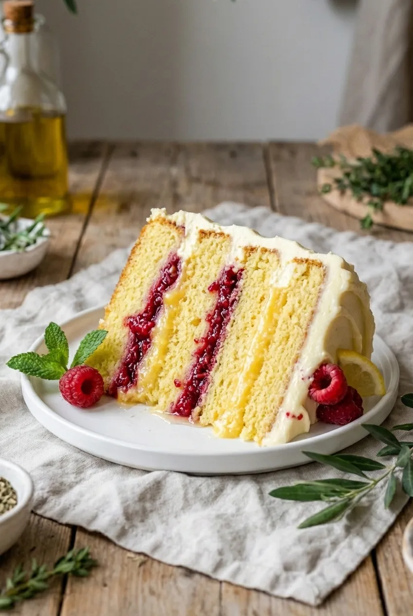 A three-layer lemon raspberry cake on a white stand, decorated with fresh raspberries on top.