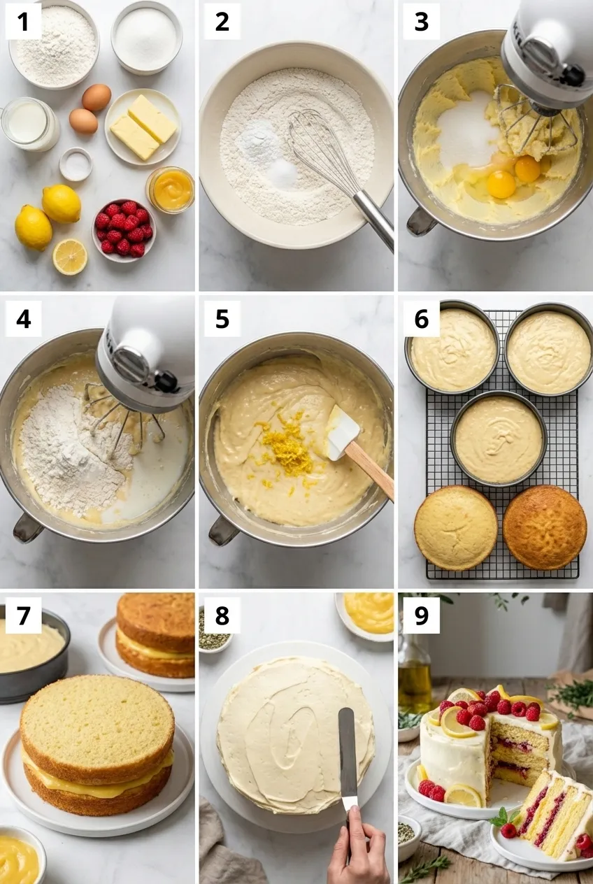 A three-layer lemon raspberry cake on a white stand, decorated with fresh raspberries on top.