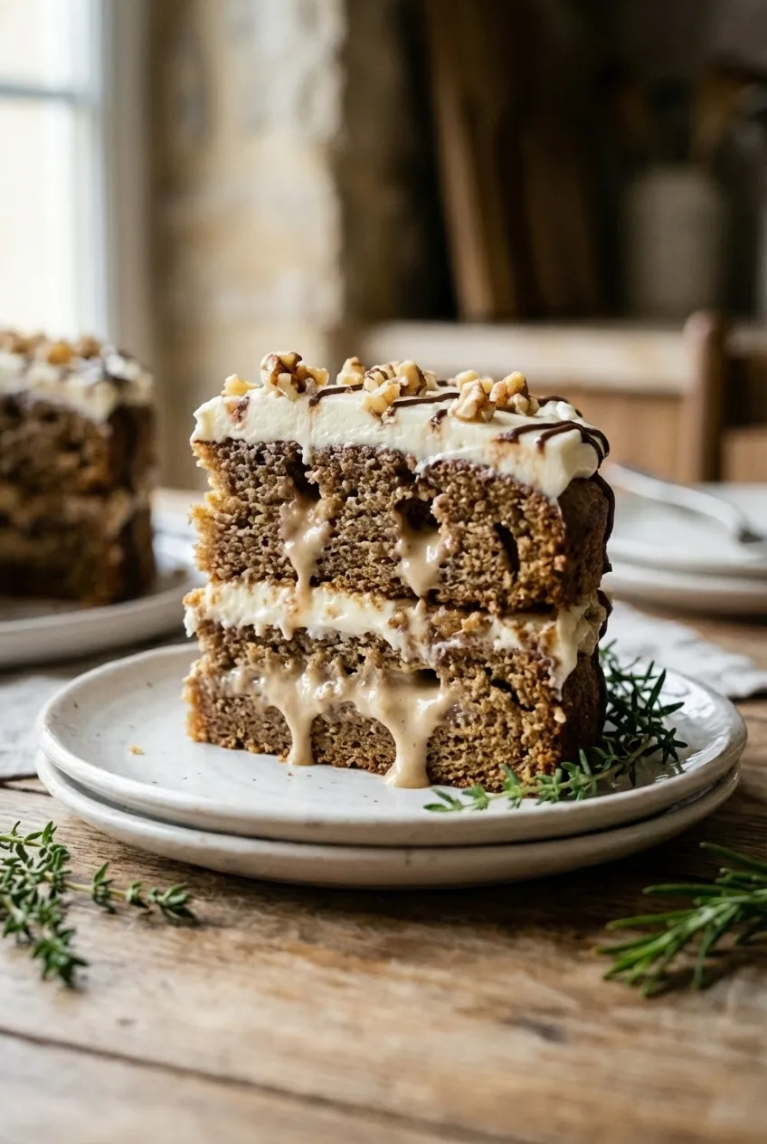 A slice of Irish cream poke cake on a white plate, showing layers of light cake and whipped topping with a chocolate drizzle.