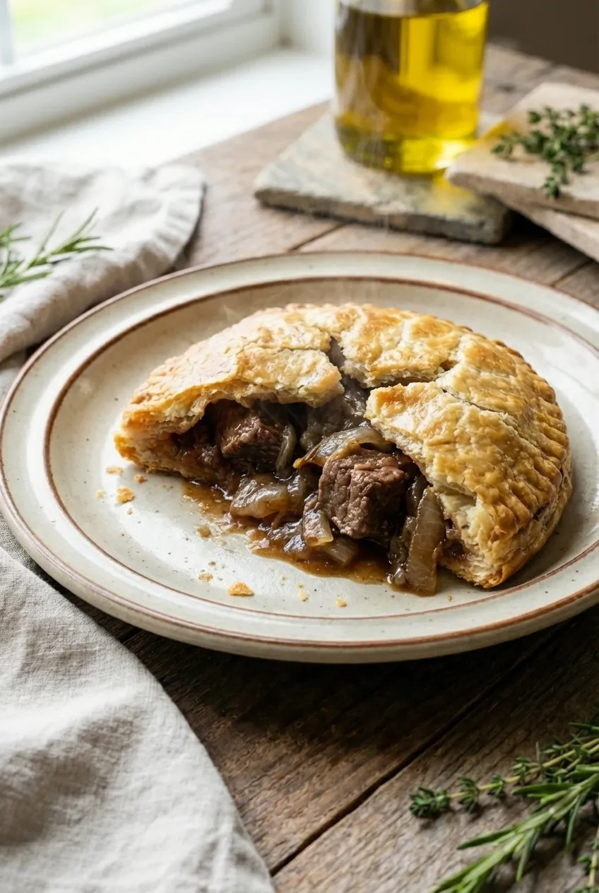 A beef and Guinness hand pie cut in half, revealing the rich, dark beef and vegetable filling inside.