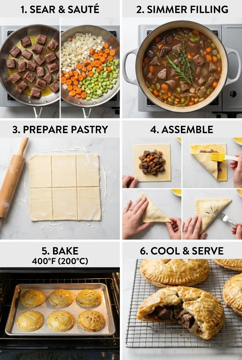 Golden-brown baked beef and Guinness hand pies arranged on a parchment-lined baking sheet.