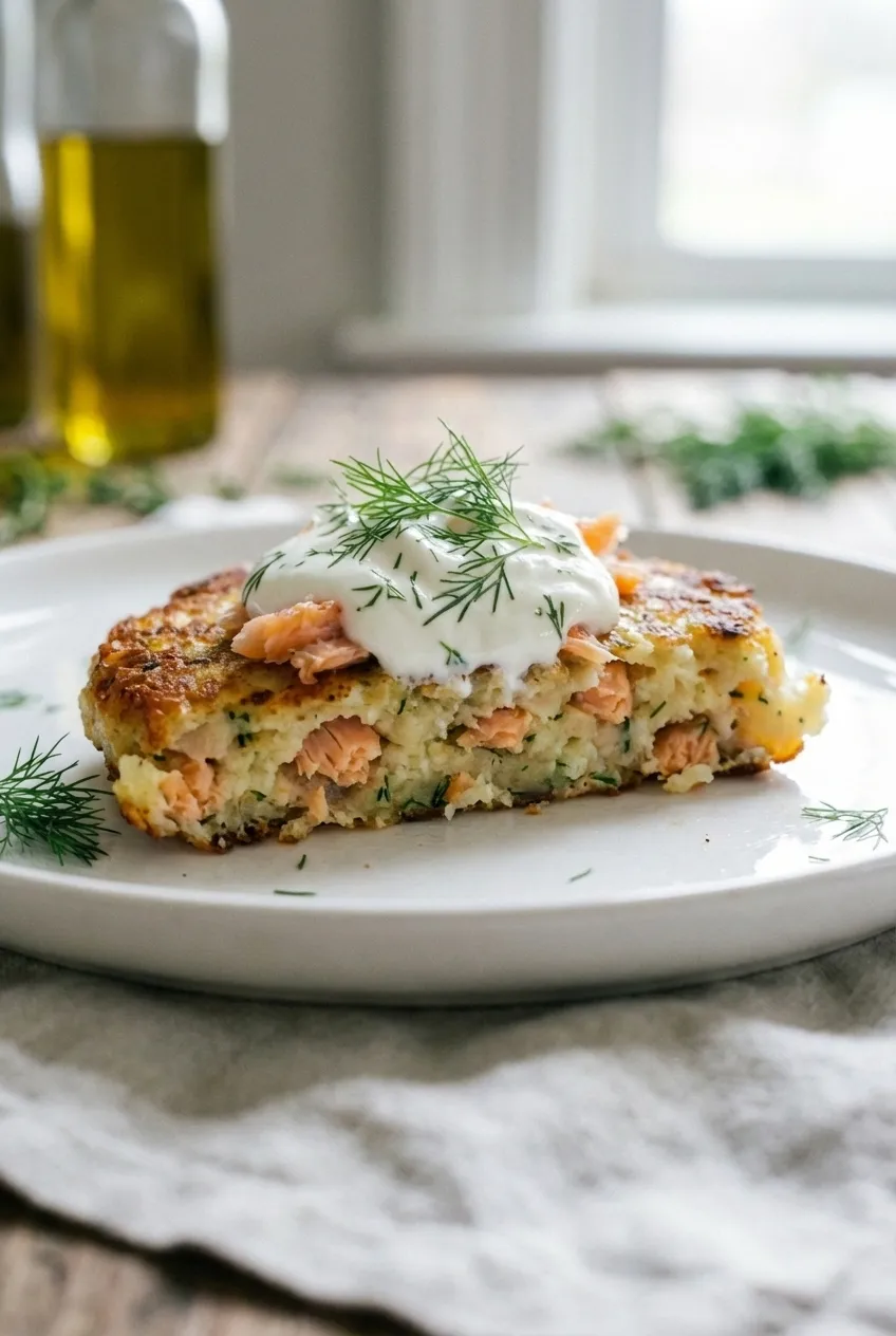 A large skillet with several smoked salmon potato cakes frying until golden and crisp.