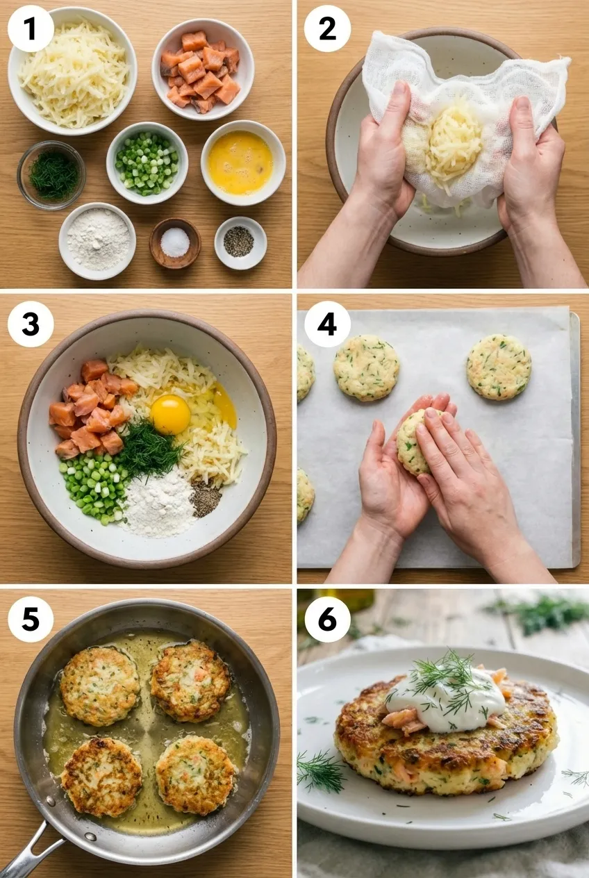 A stack of three golden-brown smoked salmon potato cakes on a white plate, topped with sour cream and fresh dill.
