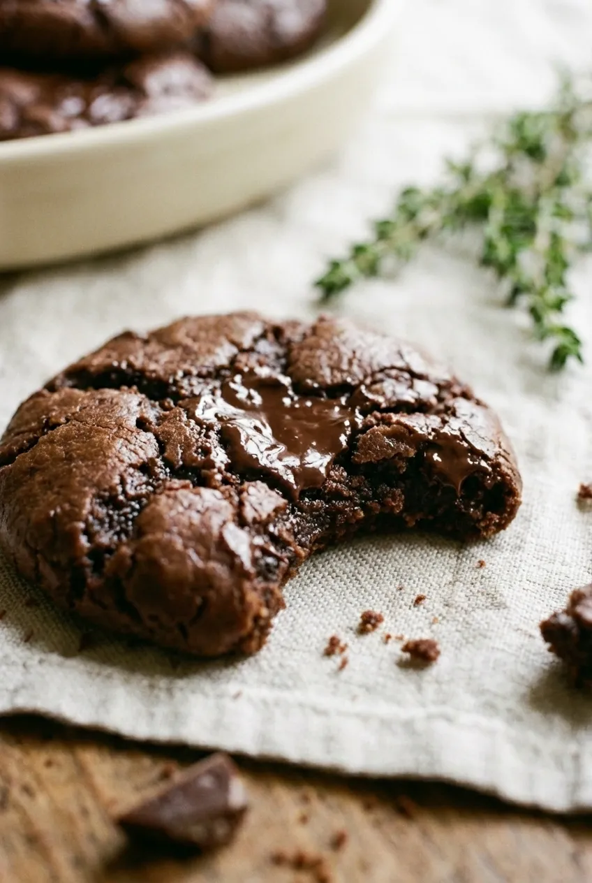 A stack of rich, dark chocolate cookies with melted chocolate chunks and a sprinkle of sea salt on a wire rack.