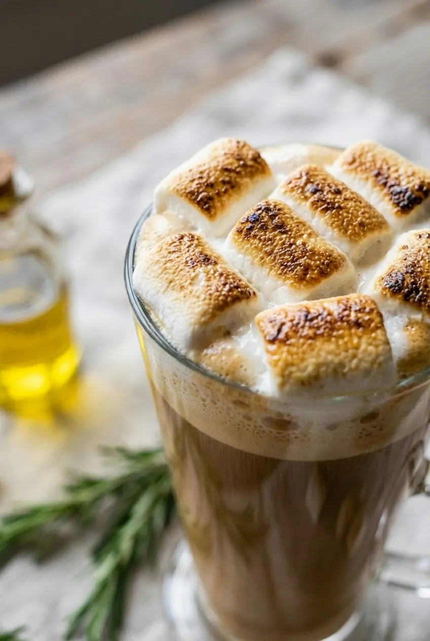 A toasted marshmallow latte in a large mug, with three golden-brown marshmallows on top of the frothed milk.