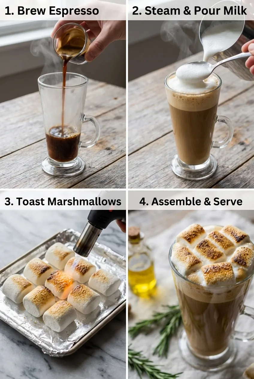 A toasted marshmallow latte in a large mug, with three golden-brown marshmallows on top of the frothed milk.