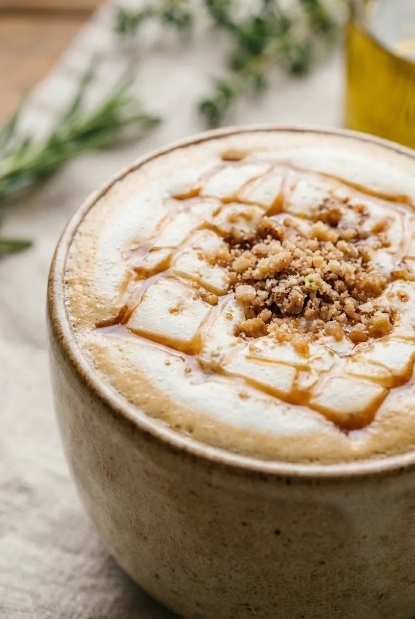 A homemade chestnut praline latte in a ceramic mug, topped with whipped cream and sprinkled with crushed chestnuts.