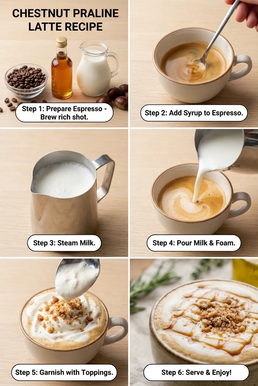 A homemade chestnut praline latte in a ceramic mug, topped with whipped cream and sprinkled with crushed chestnuts.