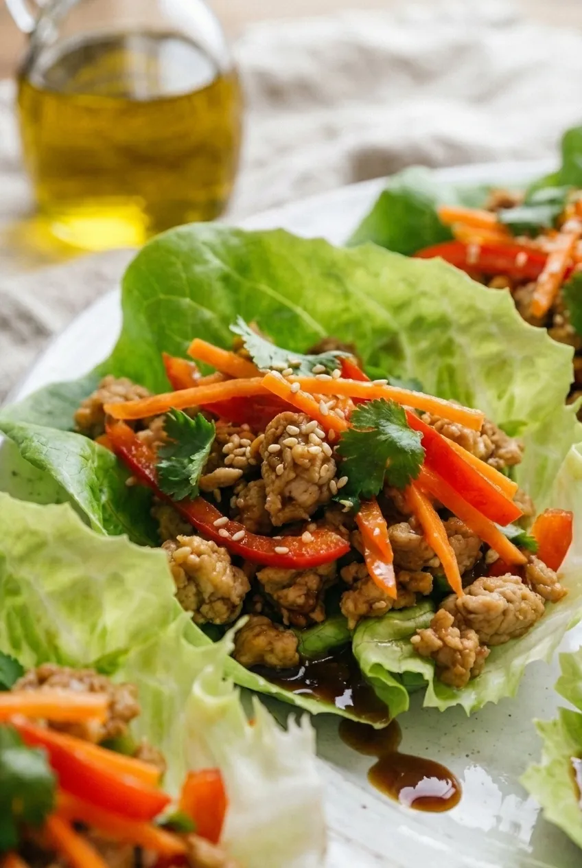 Asian chicken lettuce cups with carrots and red bell pepper on a serving platter.